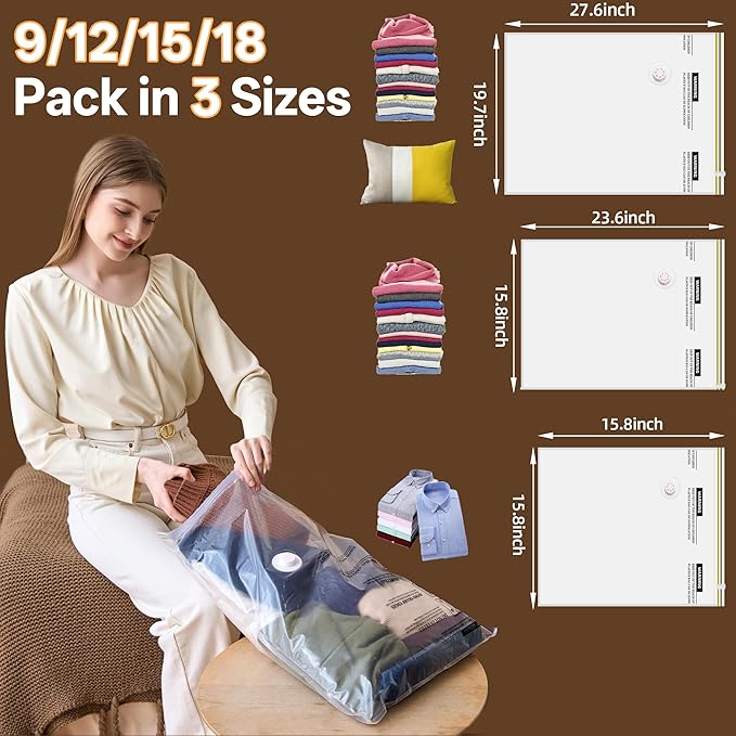 Vacuum Storage Bag with Rechargeable Cordless Pump, 18 Pack Vacuum Seal Space Saver Bags for Clothing Clothes Travel Home