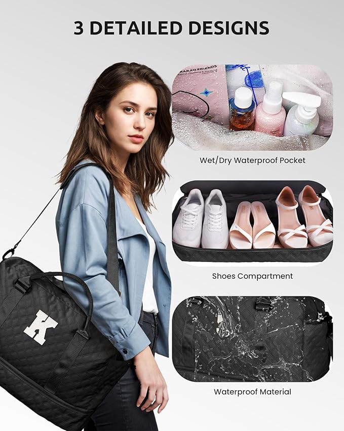 Gifts for Granddaughter-Initial Duffle Bag with Shoe Compartment, Personalized Weekender Bag, Monogram Overnight Bag, Letter Travel Bag with Makeup Bag，Daughter Friend Gifts (Letter S)