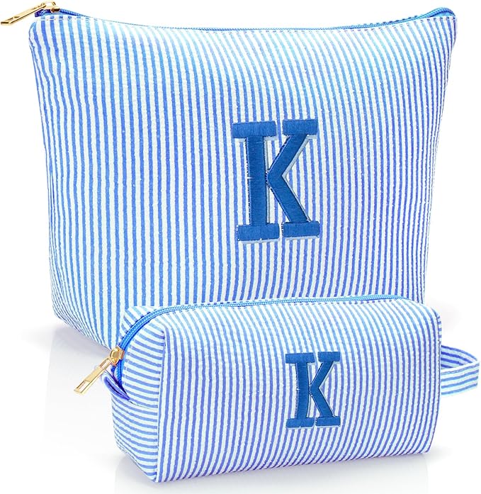 Personalized Initial Makeup Bag,Toiletry Travel Cosmetic Bag,Trendy Stuff for Teen Girls and Women,Holiday & Birthday Gift,2 Pack (K, Blue)