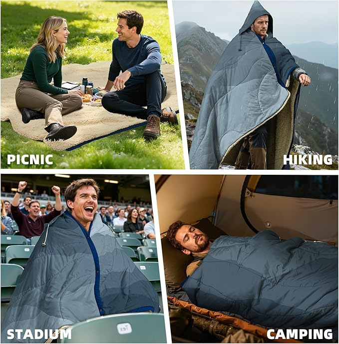 Outdoor Camping Blanket with Sherpa Lining, Extra Warm Thick Camp Blankets and Puffy Ultralight Soft Poncho DWR Camping Quilt for Cold Weather, Adventure, Sleeping, Backpacking 78"x 56"
