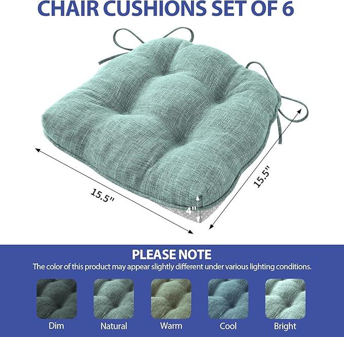 Chair Cushions for Dining Chairs Set of 6, Kitchen Chair Cushions, Chair Pads with Ties Non Slip Backing, Christmas Room Decor, Tufted Memory Foam Seat Cushion 6 Pack, 15.5x15.5x4, Sage Green