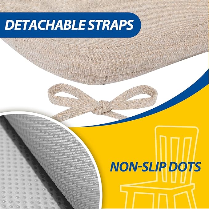AAAAAcessories D-Shaped Chair Cushions, 2" Thick Dining Chair Pads with Ties and Removable, Machine-Washable Cover, 17" x 16", Oatmeal Beige