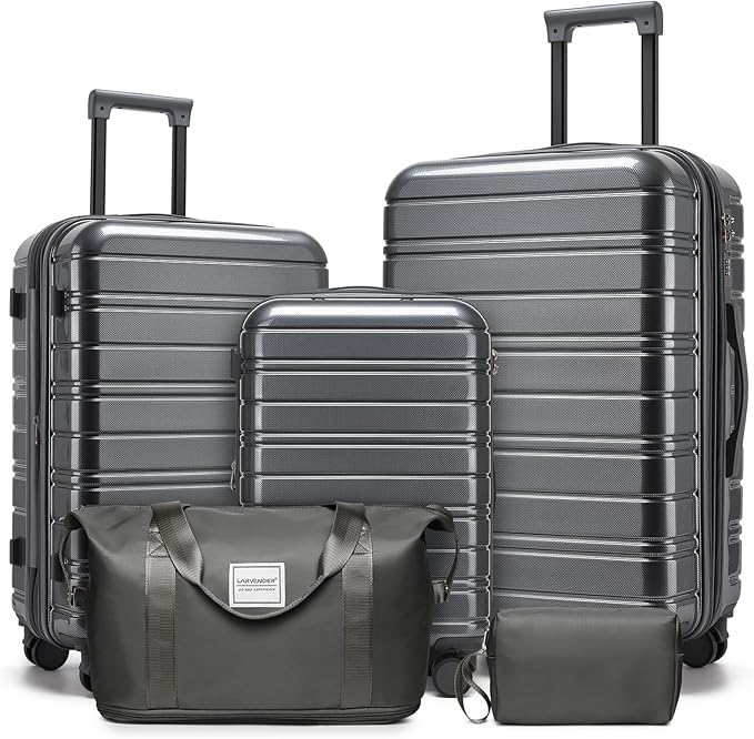 LARVENDER Luggage Sets 5 Piece Hardside Expandable Suitcase with Wheels Lock,PC+ABS Hardside Lightweight Rolling Suitcase for Women and Men,Space Grey