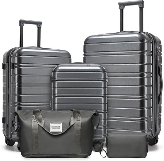 LARVENDER Luggage Sets 5 Piece Hardside Expandable Suitcase with Wheels Lock,PC+ABS Hardside Lightweight Rolling Suitcase for Women and Men,Space Grey