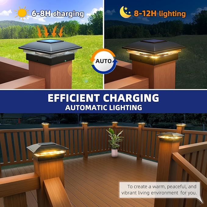 APONUO Solar Post Cap Lights - 16 Pack Outdoor Waterproof for 4x4, 5x5, 6x6 Posts, 2 Modes Warm/Cool Light, Solar Powered Fence/Deck/Patio Decor, Black