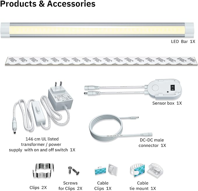 LED Under Cabinet Lighting 20In Kitchen Under Counter Lights Strip Dimmable Touchless with Manual Sensor,Undercounter Light Bar Plug in,4000k Natural White for Display,Shelves,Workbench,Desk,1pcs