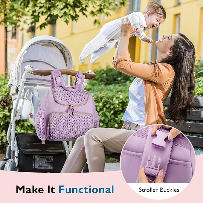 mommore Diaper Bag Backpack, Stylish Travel Baby Bag with Insulated Pockets, Changing Pad and Stroller Straps for Toddler (S-Purple, Small-17L)