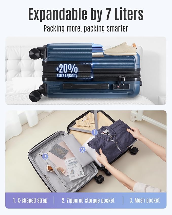 LIGHT FLIGHT 3-Piece Luggage Sets, Expandable Carry On Luggage 22x14x9 Airline Approved, Hardside Carry On Suitcases with Wheels, TSA Lock Travel Luggage Sets, Royal Blue