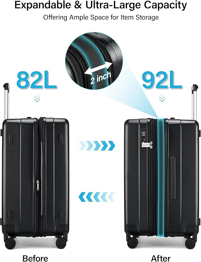 Hanke 24 Inch Plus Expandable Luggage Large Suitcases with Wheels, Medium Checked Luggage Hard Shell Suitcases, PC Trunk Luggage Extra Large Suitcase with Lock for Women Men(Jet Black)