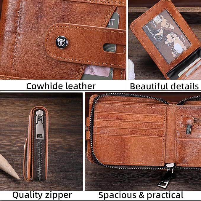 BULLCAPTAIN Genuine Leather Men's Wallet with Zipper Vintage RFID Blocking Large Capacity Wallet for Men with 14 Credit Card Slots and 1 ID Window T23 (Brown)