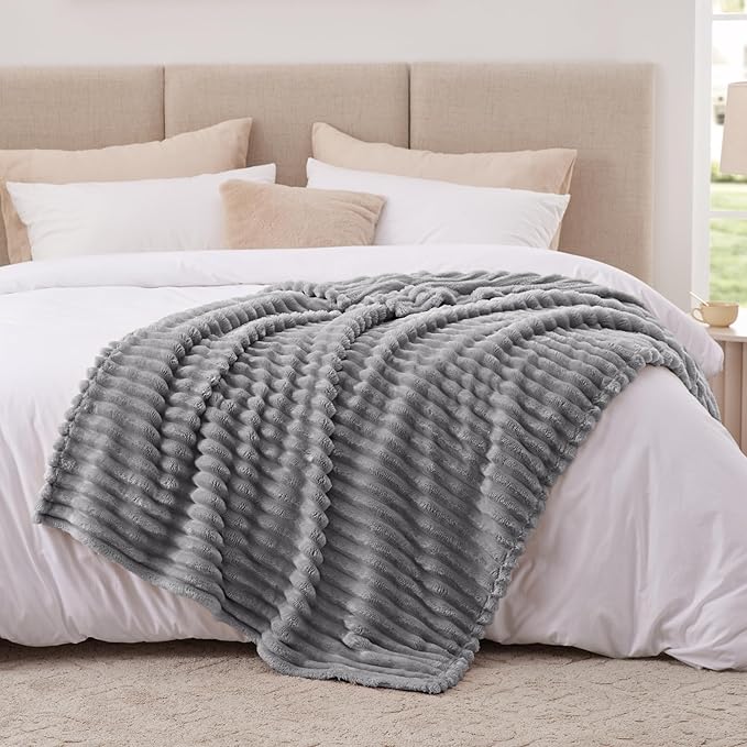 EXQ Home Fleece Blanket Twin Size for Couch or Bed - 3D Stripe Jacquard Decorative Blankets - Cozy Soft Lightweight Fuzzy Flannel Blanket Suitable for All Seasons(60"×80",Light Grey)
