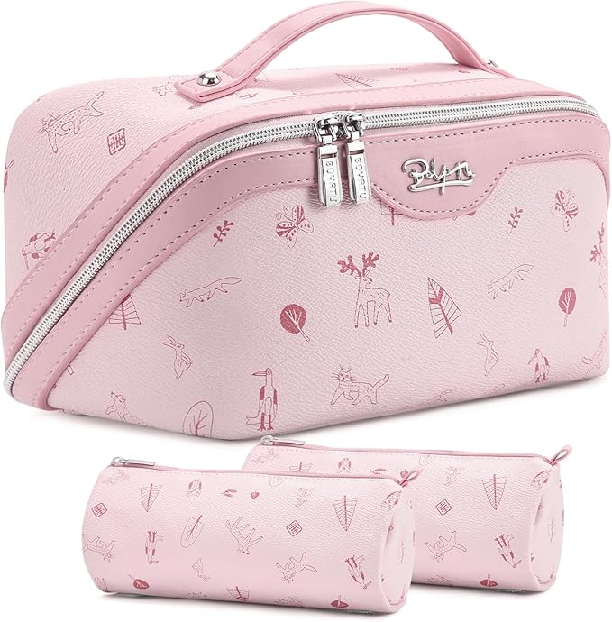 BOYATU Travel Makeup Bag Cosmetic Bags for Women: 3 Pcs Set Portable Make up Bag with Handle - PU Leather Toiletry Bags with Compartments - Makeup Organizer for Travel Essentials(L-5-Pink)