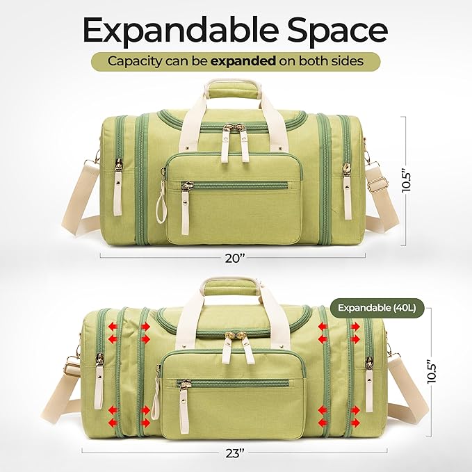 Duffle Bag for Travel (Green) 20–23” Expandable (40L) – Lightweight Water-Resistant Carry On Weekender with Multiple Pockets & Shoulder Strap – Airline Approved Travel Duffel Bags for Men & Women