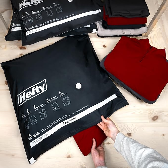 Hefty MAX Shrink-Pak Vacuum Seal Storage Bags for Clothing, Travel, Bedding | Tear-Proof, Dual-Valve Space Saver Compression Bags - 1 Large, 1 XL, 1 Jumbo