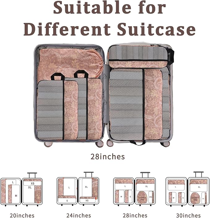 U+U 6 Set Compression Packing Cubes - Ultralight Travel Organizers with Laundry Bag, Space-Saving Suitcase Organizer, Expandable Packing Cubes for Travel and Family Vacation (Paisley Pattern)