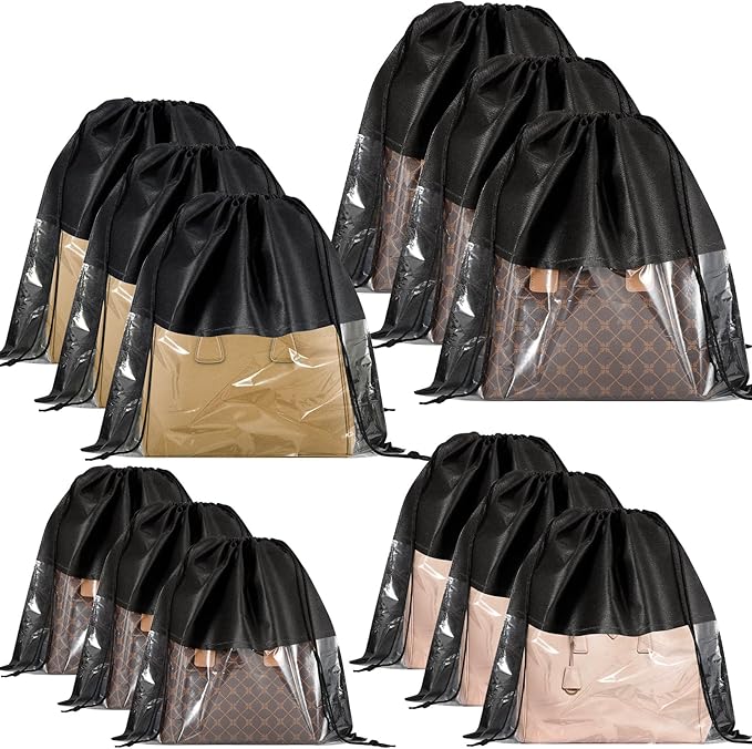 12 Pcs Shoe Bags for Travel, Dust Bags for Handbags, Dustproof Drawstring Bags in 4 Size, Breathable Non Woven Fabric Storage Bag for Handbags Shoes Purses, Black