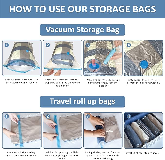 Cozy Essential Vacuum Storage Bags, 80% Compression Vacuum Seal Space Saver Plastic Packaging Bags for Clothes, Blankets, Pillow, Bedding, Comforters, Sealer Clothing Storage,12 Combo