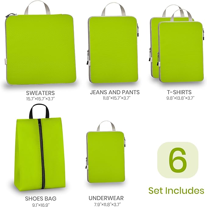 Compression Packing Cubes for Travel, Set of 6 Expandable Luggage Organizers with Shoe Bag, Lightweight Water-Resistant Suitcase Essentials for Carry-on & Checked Luggage, Green