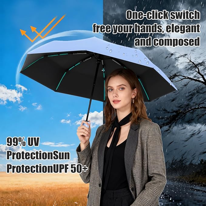 Compact Automatic Folding Travel Umbrella-Windproof Rainproof, PF50+ Sun Protection for Hiking,Outdoor,Chool,Golf Course & Daily Use,Sturdy Multi-Ribbed Frame