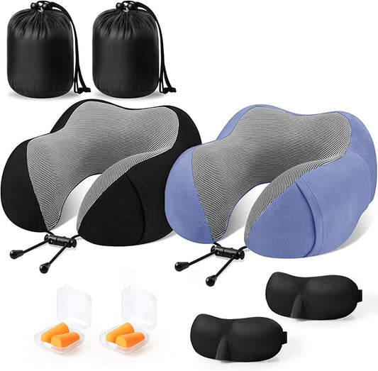 CloudBliss Travel Pillow Premium Memory Foam, Comfortable & Supportive Neck Pillow, Neck Pillows for Sleeping Travel, Airplane Pillow for Sleeping Airplane, Car, Office and Home（Black & Blue）