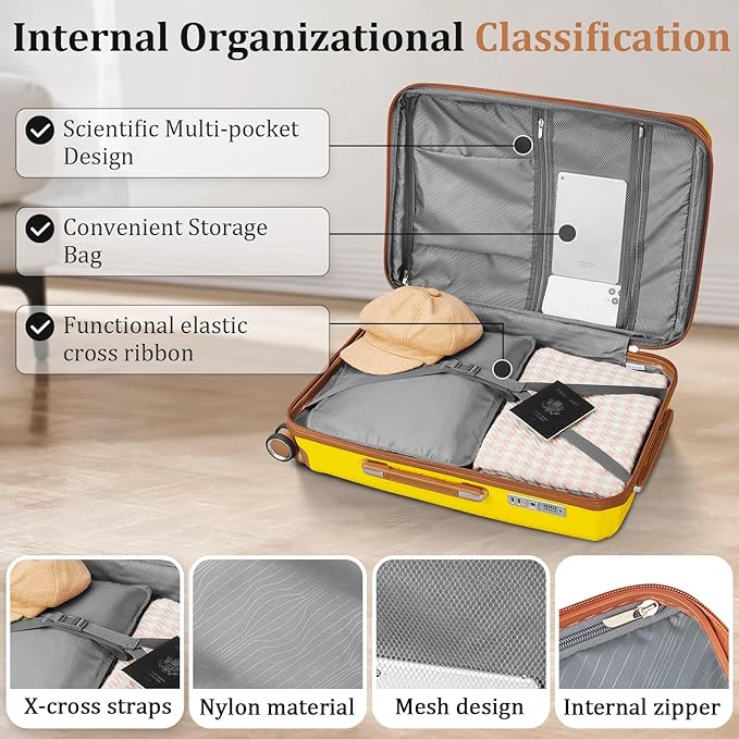 4 Piece Expandable Hardshell Pink Luggage Sets with Spinner Wheels, Lightweight Travel Suitcase Set with TSA Locks, 20 inch Carry On for Women (Yellow, 4 Piece Set)