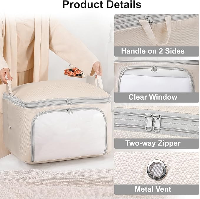 Comforter Storage Bag - Large Capacity Blanket Storage Bags Front-opening Ultra Space Saving Self Compression Organizer, Washable Compression Bags for Storage Comforter Blanket, 2 Pack, Beige
