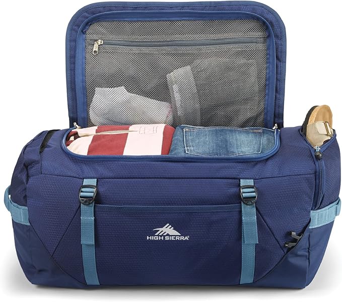 High Sierra Fairlead Travel Overnight Duffel Backpack Gym Bag with Padded Handles, Compression Straps, and Multiple Pockets, True Navy/Graphite Blue