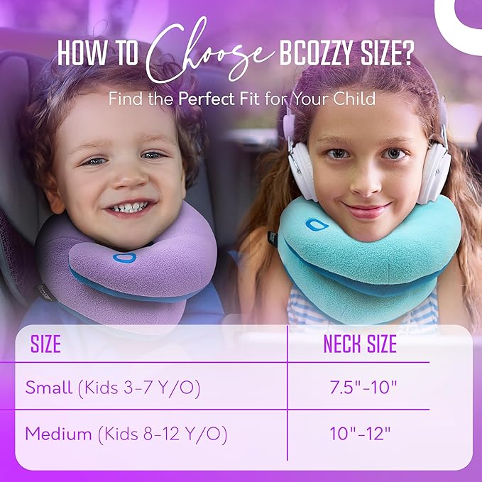 BCOZZY Kids Chin Supporting Travel Pillow for Ages 8–12- Patented Soft Neck Pillow for Head and Chin Support in Car Seat and Airplane. Comfortable Travel Essential. Medium Size, Bag, Light Purple