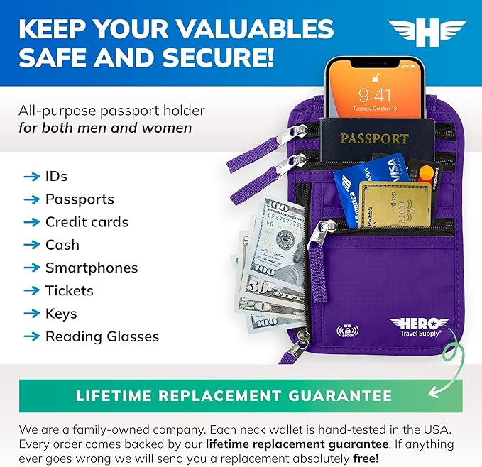 HERO Neck Wallet - RFID Blocking Passport Holder, Easy to Conceal Travel Puch (Purple)