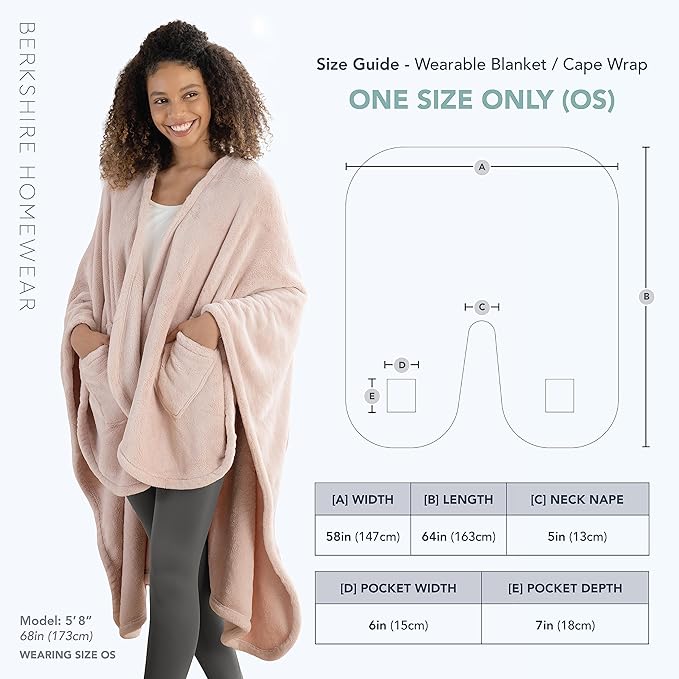Berkshire Blanket Primalush™ Wearable Blanket, Cozy Loungewear Pocketed Plush Cape Wrap for Adults &Teens(Pink, One Size 58"X64")