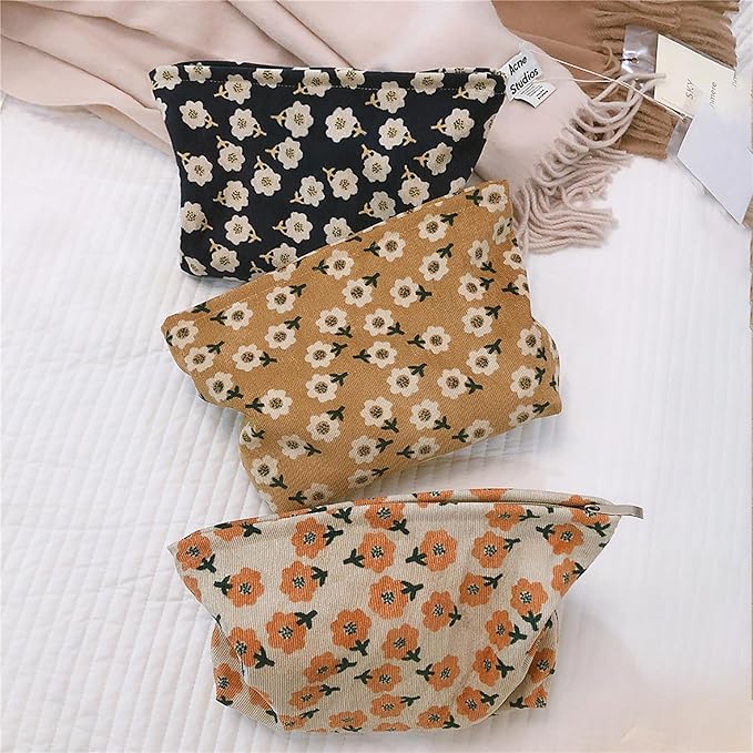 HAPPYHEIDI Women Floral Corduroy Canvas Travel Makeup Bag Cosmetic Pouch Purse Organizer, Khaki