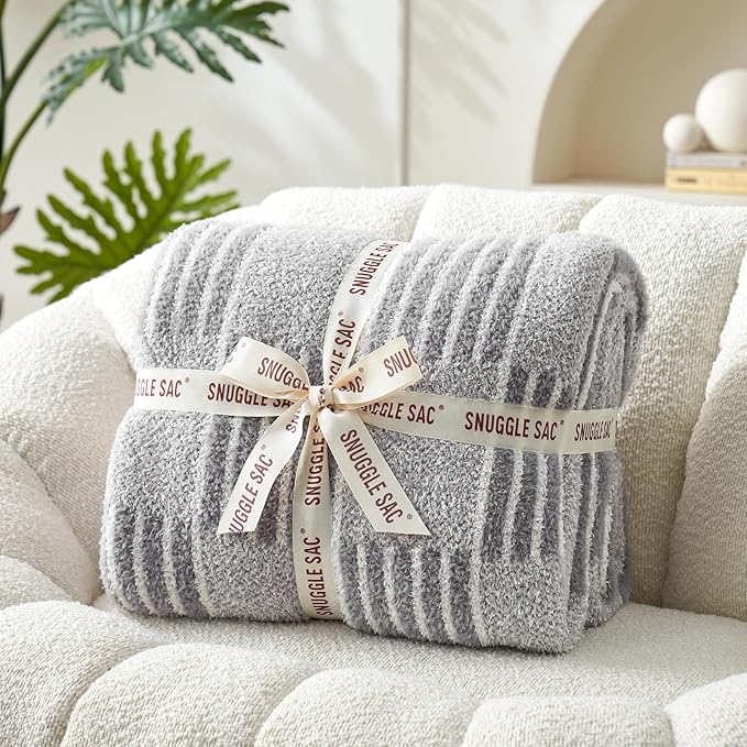 Snuggle Sac Checkered Throw Blanket for Couch,Reversible Soft Cozy Fluffy Blankets for Sofa Bedroom,Cute Lightweight Striped Throws for Women,Heather Light Grey,50x60 inches