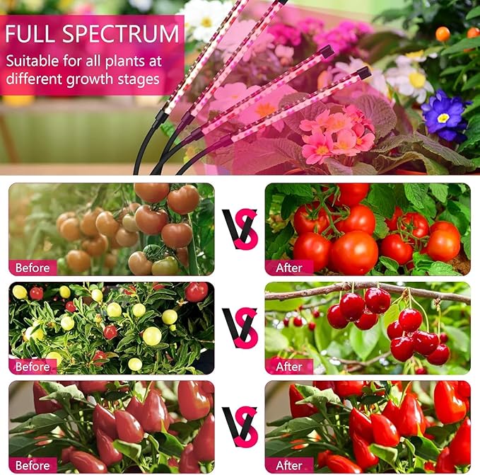 SYEIORAOM Grow Lights for Indoor Plants, Four Head LED Grow Light with Full Spectrum, Red White Spectrum for Indoor Plant Lamp, Adjustable Gooseneck, Suitable for Vegetation