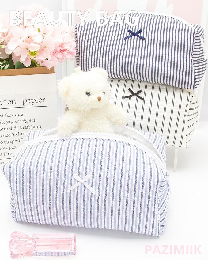 PAZIMIIK Cozy Makeup Bag Small Aesthetic Travel Zipper Cosmetic Pouch for Women Make Up Beauty Accessories Brushes, Stripe Blue Mix