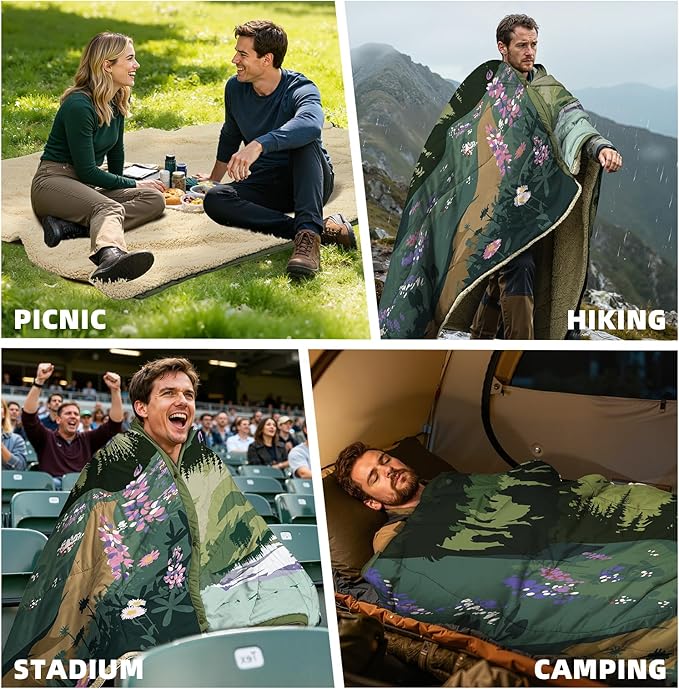 Outdoor Camping Blanket with Sherpa Lining, Extra Warm Thick Camp Blankets and Puffy Ultralight Soft Poncho DWR Camping Quilt for Cold Weather, Adventure, Sleeping, Backpacking 78"x 56"