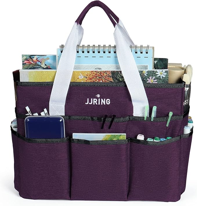 JJRING Craft Organizer Tote Bag, Large Art Storage Caddy with Multiple Pockets, Deep Purple Sewing Bag for Art, Craft, Scrapbooking, Medical, and Office Supplies Storage