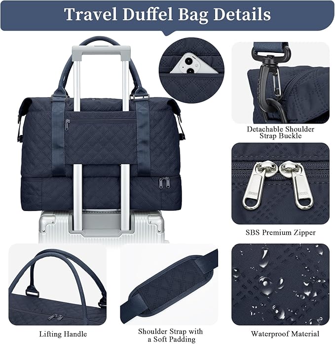Weekender Bags for Women, Carry on Overnight Weekend Travel Duffel Bag with Shoes Compartment &Toiletry Bag, Personal Item Bag for Travel Business Trips Sport Hospital，Grid-NavyBlue