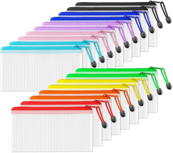 SUNEE Plastic Mesh Zipper Pouch 4.6x9.2 in (9 Colors, 18 Packs), Plastic Pencil Pouches, Multipurpose Travel Bags, for Office Supplies Bills Cosmetics Travel Accessories& Games Organizing Storage