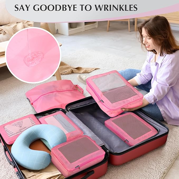 Ultralight Compression Packing Cubes for Suitcases Carry on，Compressible Mesh Packing Cubes for Travel Women Travel Essentials with Shoe Bag 6 Set (Pink)