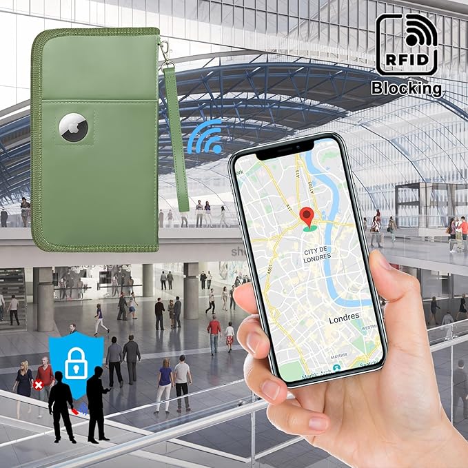 GOAUS Passport Holder with AirTag Slot, PU Leather Travel Document Organizer, Multiple RFID Blocking Wallet for Family of 4 to 6 Green
