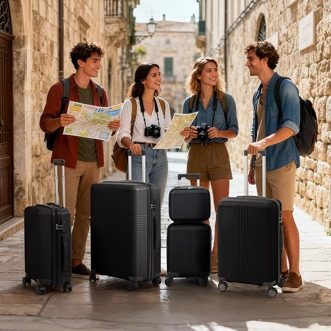 Karl home Luggage Sets 5 Piece, PP Hard Case Suitcase Set with Built-in Lock Spinner Wheels, Lightweight Durable Carry on Luggage for Business Travel - Black (12/16/20/24/28")