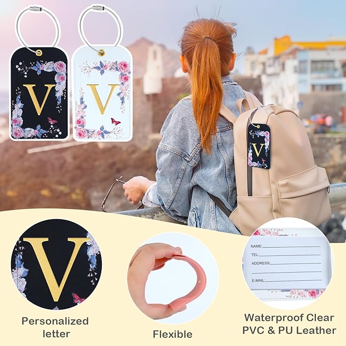 3 Pack Luxury Floral Luggage Tags, Durable PU Leather Suitcase Tags with Stainless Steel Cable Strap, Hidden ID Slot for Privacy Protection, Easy to Identify Waterproof Travel Accessories Gift (V)