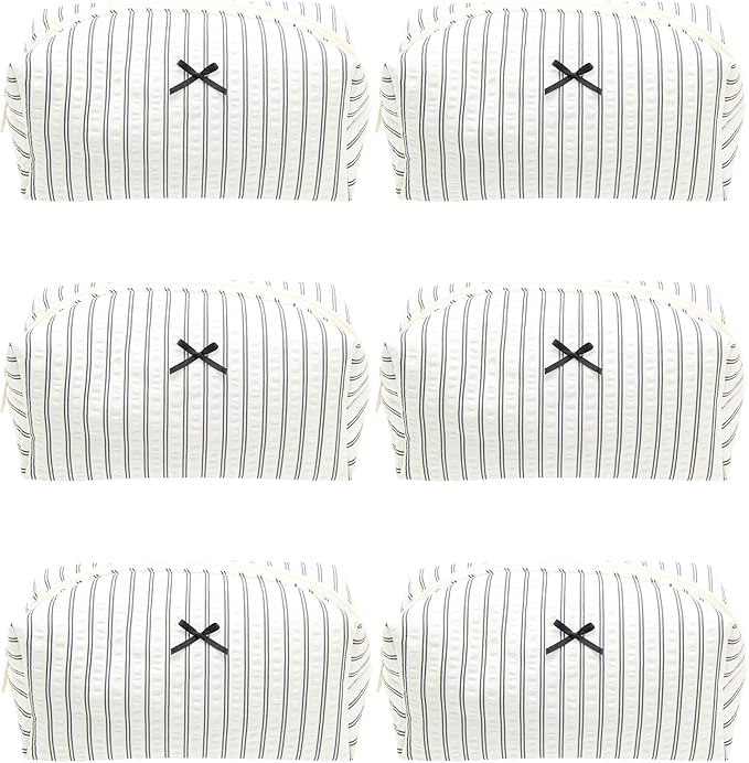 PAZIMIIK 6PCS Cozy Makeup Bag Small Aesthetic Travel Zipper Cosmetic Pouch for Women Make Up Beauty Accessories Brushes, Stripe Black