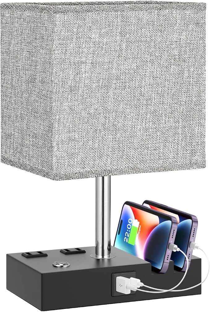 Touch Bedside Table Lamp for Bedroom, 3-Way Dimmable, USB C+A, 2 AC Outlets | Base Touch Button Only, USB C+A Ports, 2 Phone Stands, LED Bulbs Included, Rectangle Grey Lampshade, for Living Room, Desk