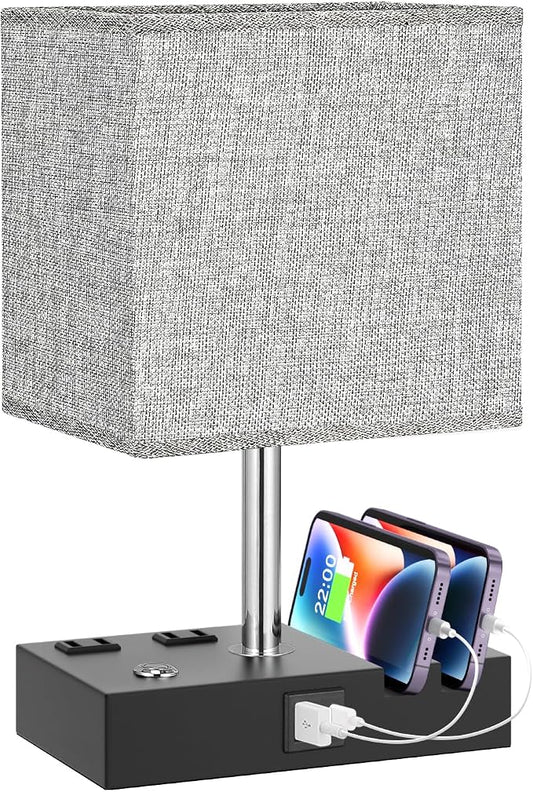 Touch Bedside Table Lamp for Bedroom, 3-Way Dimmable, USB C+A, 2 AC Outlets | Base Touch Button Only, USB C+A Ports, 2 Phone Stands, LED Bulbs Included, Rectangle Grey Lampshade, for Living Room, Desk