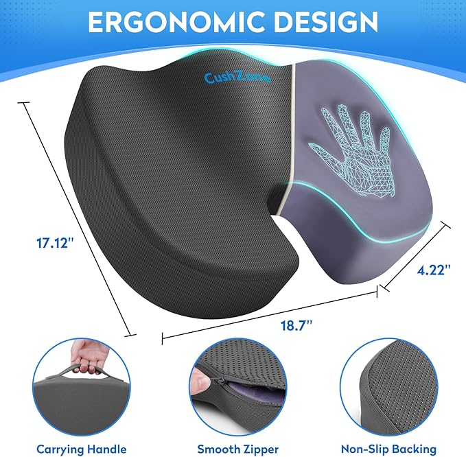 Seat Cushion, Office Chair Cushions, Car Seat Cushion, Non-Slip Sciatica & Back Coccyx Tailbone Pain Relief Chair Pad, Memory Foam Pillow for Computer Desk, Wheelchair, Driving(Grey)