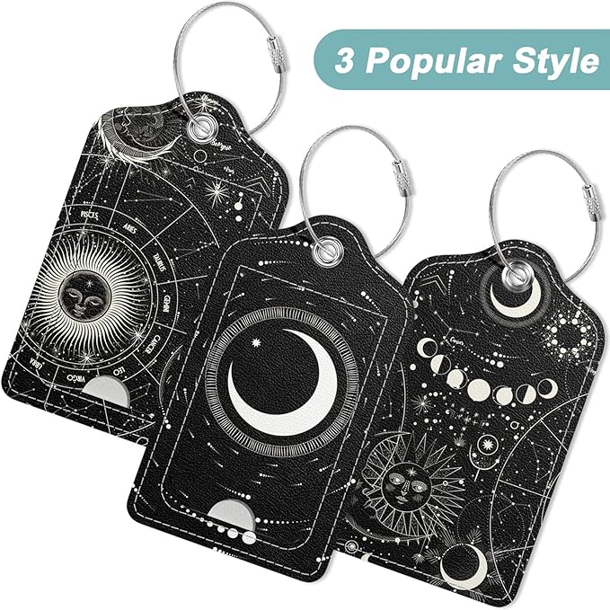 Rimilak 3 Pcs PU Leather Luggage Tags for Suitcase, Travel Cruise Luggage Tag with Privacy Flap, Name ID Label and Metal Loop for Women Men Baggage Handbag School Bag Backpack, Sun Moon