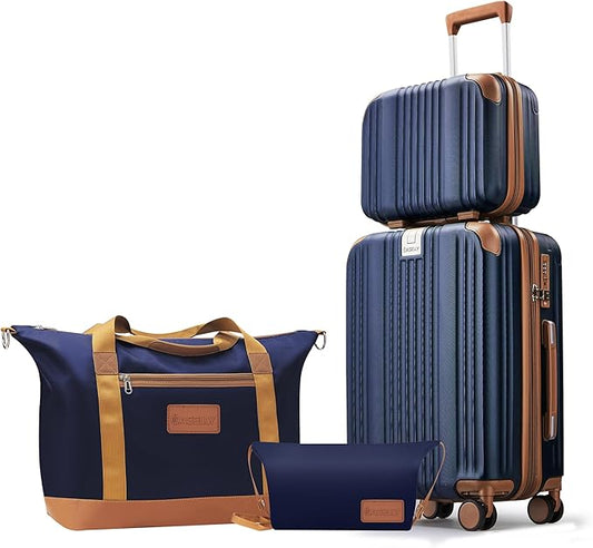 Luggage Set 3 Piece Luggage with PC+ABS Hardshell TSA Lock Spinner Wheels Carry on Lightweight Suitcase，YKK Zippers (Navy, 4 piece（14/20/DB/TB）)