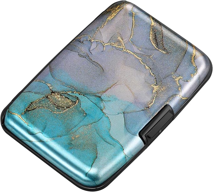 ELFISH Mini RFID Aluminum Wallet Credit Cards Holder Business Card Case Metal ID Case for Men Women（Blue Purple Marble