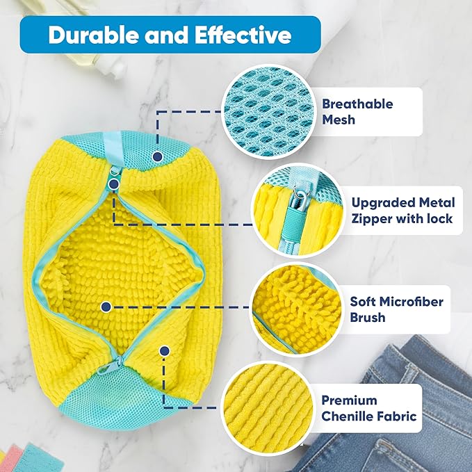 Shoe Washing Machine Bag –2 Pcs Reusable Laundry Shoe Bag with Brush & Shoe Trees, 360° Deep Cleaning Sneaker Washing Machine Bag, Fits All Shoe Types & Sizes (Yellow, 14.8 × 7.4 Inches)